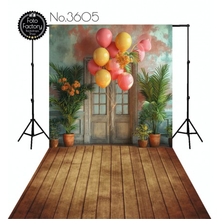 Backdrop rustic door flowers balloons 3605