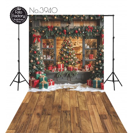 Backdrop Christmas wooden interior Christmas trees gifts 3940