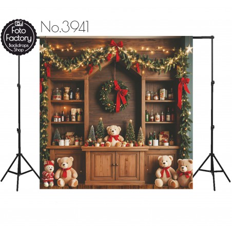 Backdrop Christmas wooden interior teddy bears decorations 3941