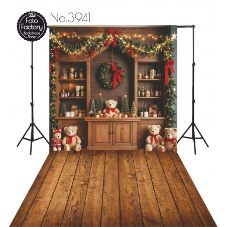 Backdrop Christmas wooden interior teddy bears decorations 3941