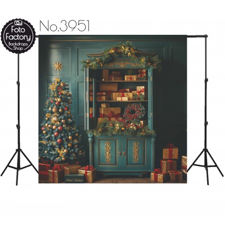 Backdrop Christmas green sideboard christmas tree gifts 3951