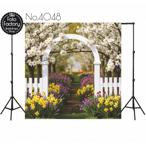 Backdrop spring theme flowers white fence 4048