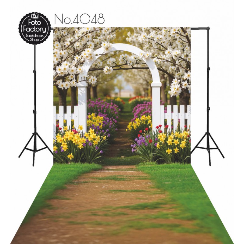 Backdrop spring theme flowers white fence 4048