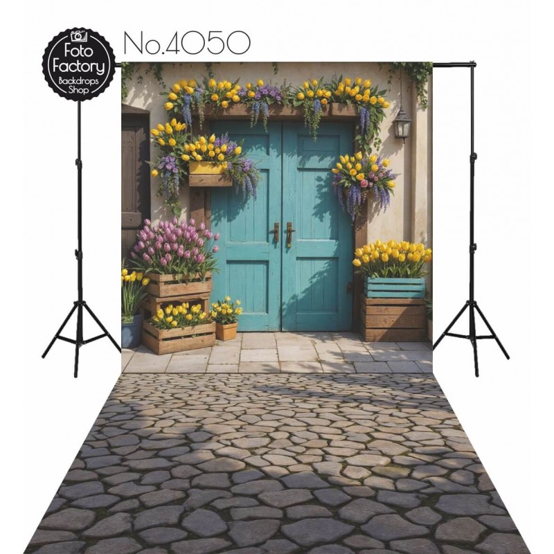 Backdrop spring theme flowers blue door 4050