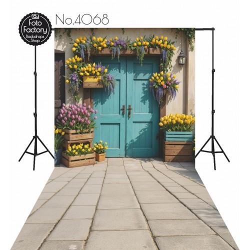 Backdrop spring theme flowers blue door 4068