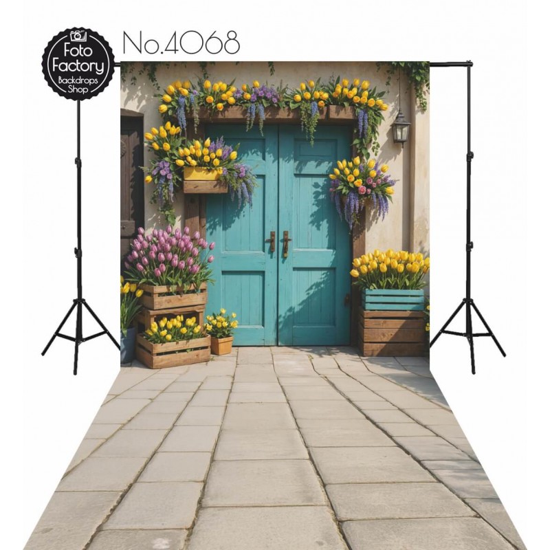 Backdrop spring theme flowers blue door 4068