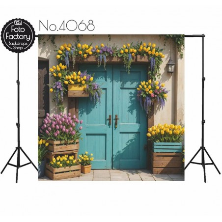 Backdrop spring theme flowers blue door 4068