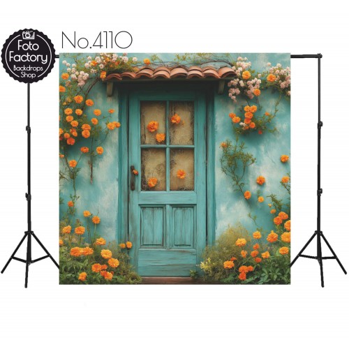 Tło Fotograficzne kwiaty niebieskie drzwi 4110