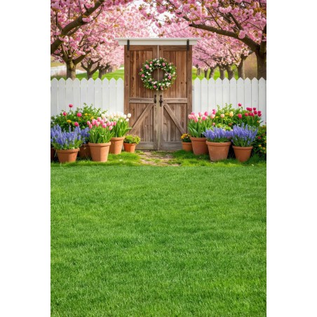 Backdrop spring theme flowers rustic door - Fotofactory24.pl