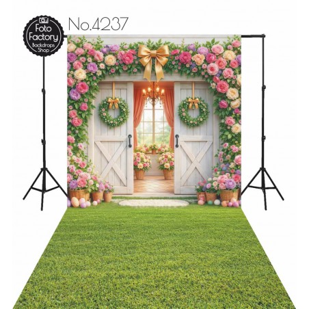 Tło Fotograficzne wiosenne wiosna kwiaty rustykalne drzwi - Fotofactory24.pl